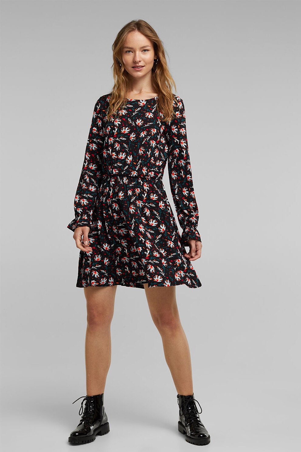 EDC by Esprit, Rochie evazata cu model floral, Negru/Alb/Oranj, XS