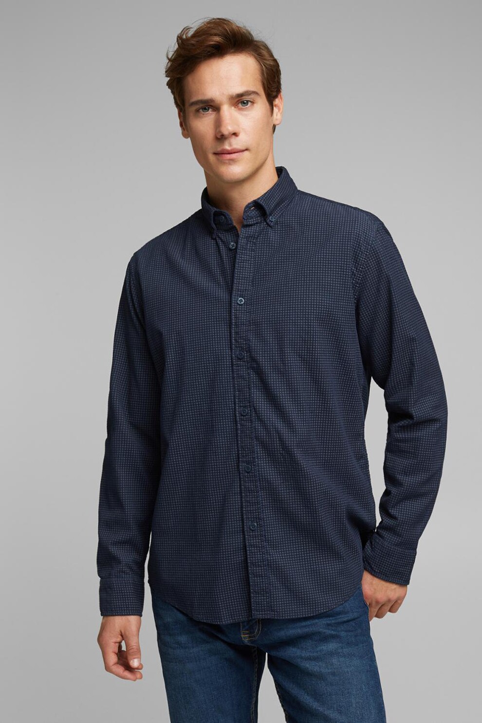 EDC by Esprit, Camasa de bumbac organic, cu guler fixat cu nasturi, Bleumarin, S