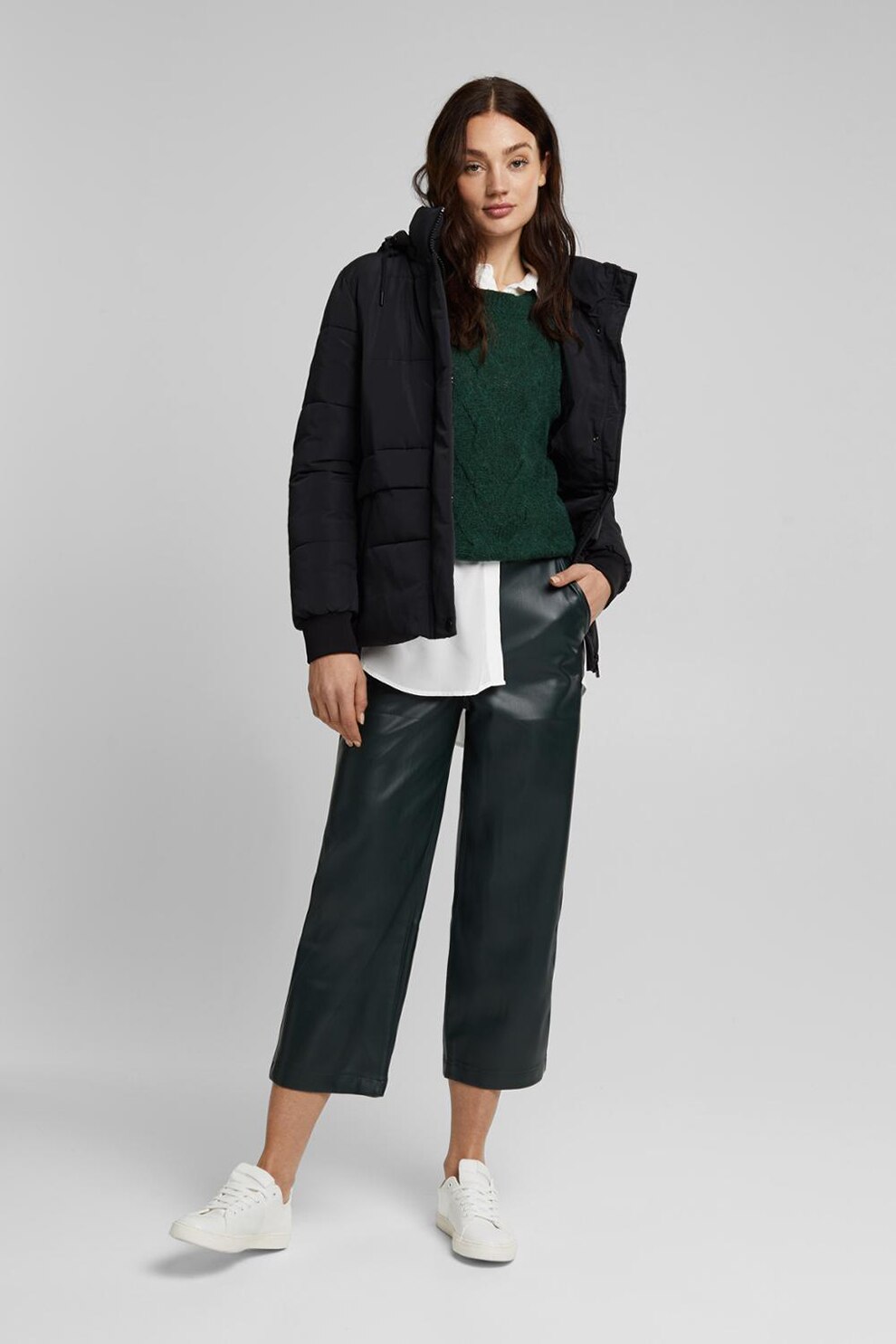Esprit, Pantaloni culotte de piele ecologica, Verde inchis
