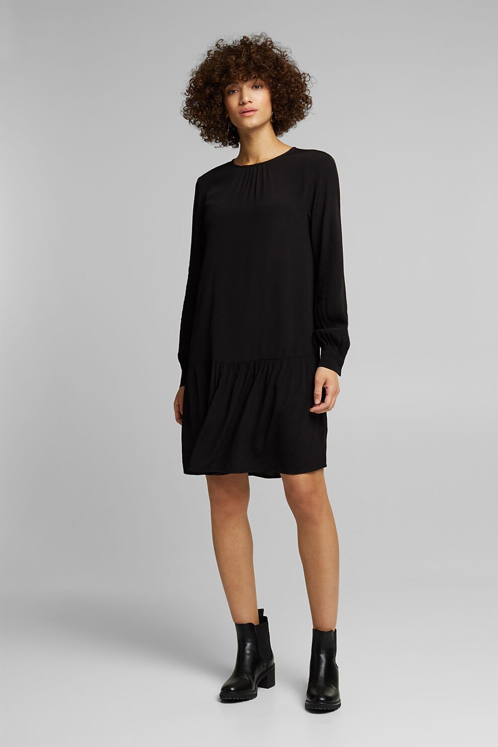 Esprit, Rochie lejera cu terminatie cu volane, Negru, S