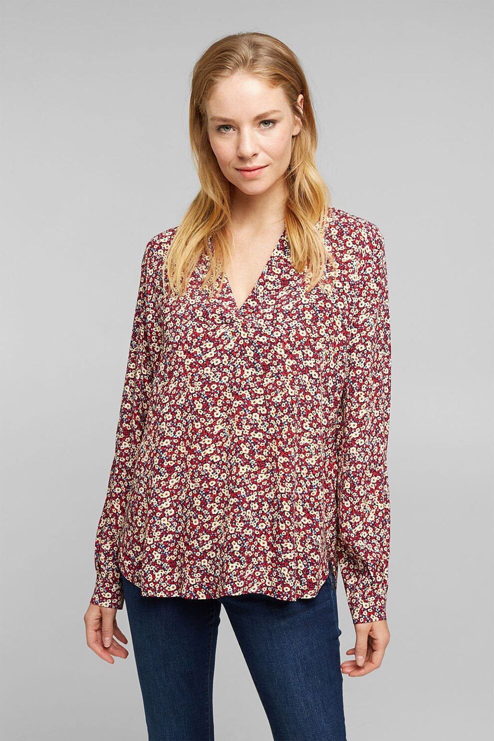 Esprit, Bluza cu decolteu in V si imprimeu floral, Rosu/Albastru/Galben