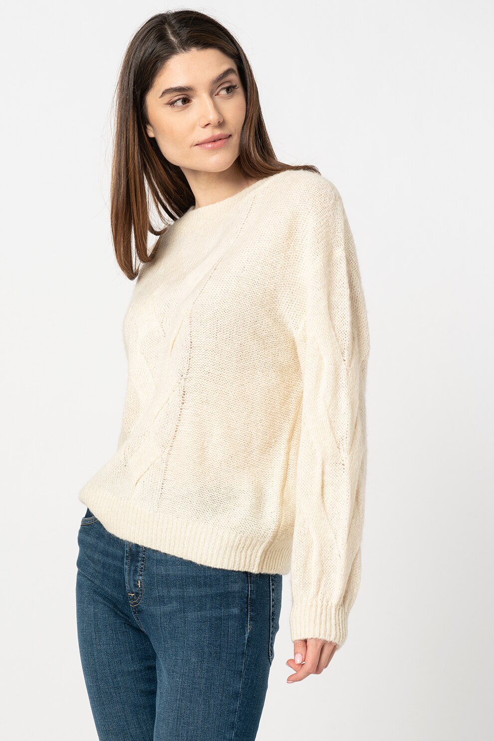 Esprit, Pulover din amestec de lana cu model torsade, Maro camel