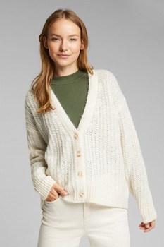 Esprit, Cardigan din amestec de lana cu decolteu in V, Alb prafuit Esprit, Cardigan din amestec de lana cu decolteu in V, Alb prafuit