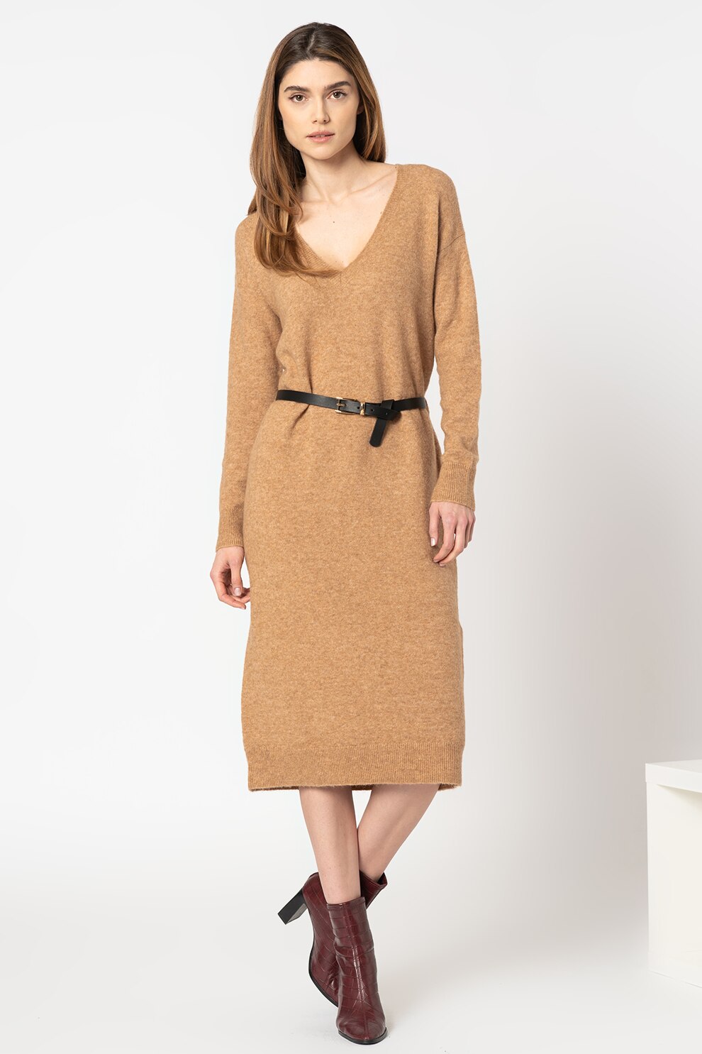 Esprit, Rochie mini tip pulover din amestec de lana, Maro caramel