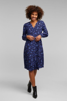 Esprit, Rochie evazata cu model floral, Albastru royal/negru, S Esprit, Rochie evazata cu model floral, Albastru royal/negru, S