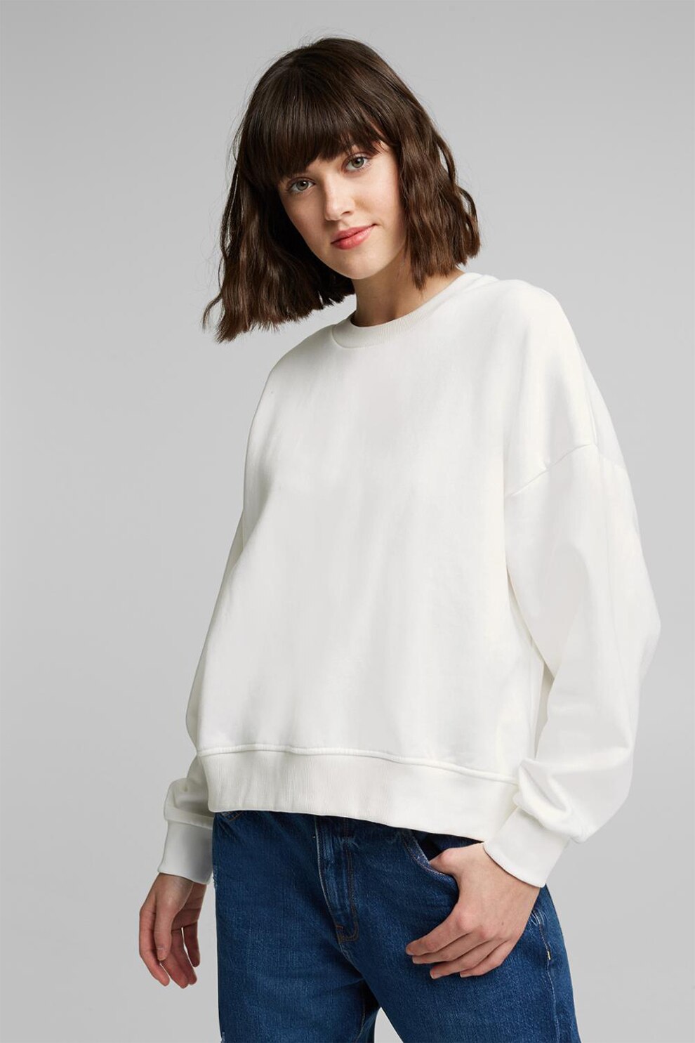 EDC by Esprit, Bluza sport din amestec de bumbac organic cu maneci cazute, Alb