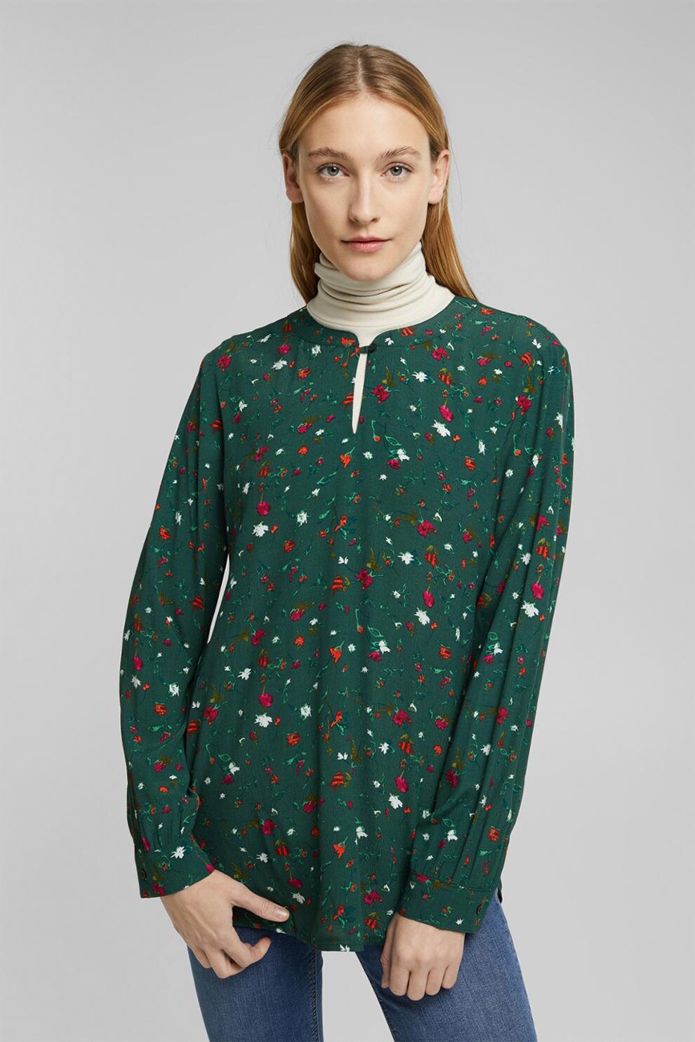 Esprit, Bluza vaporoasa cu model floral, Verde