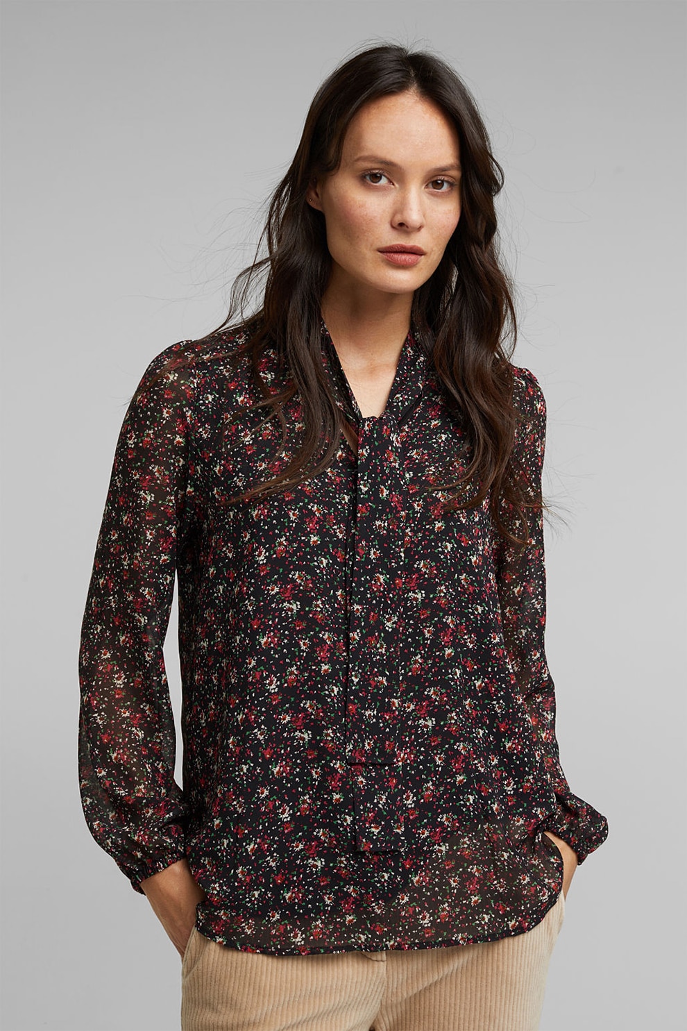 Esprit, Bluza cu imprimeu si funda din panglici, Negru/Rosu/Verde, S