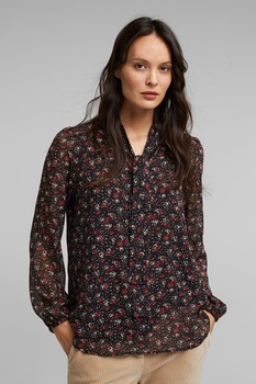 Esprit, Bluza cu imprimeu si funda din panglici, Negru/Rosu/Verde, S Esprit, Bluza cu imprimeu si funda din panglici, Negru/Rosu/Verde, S