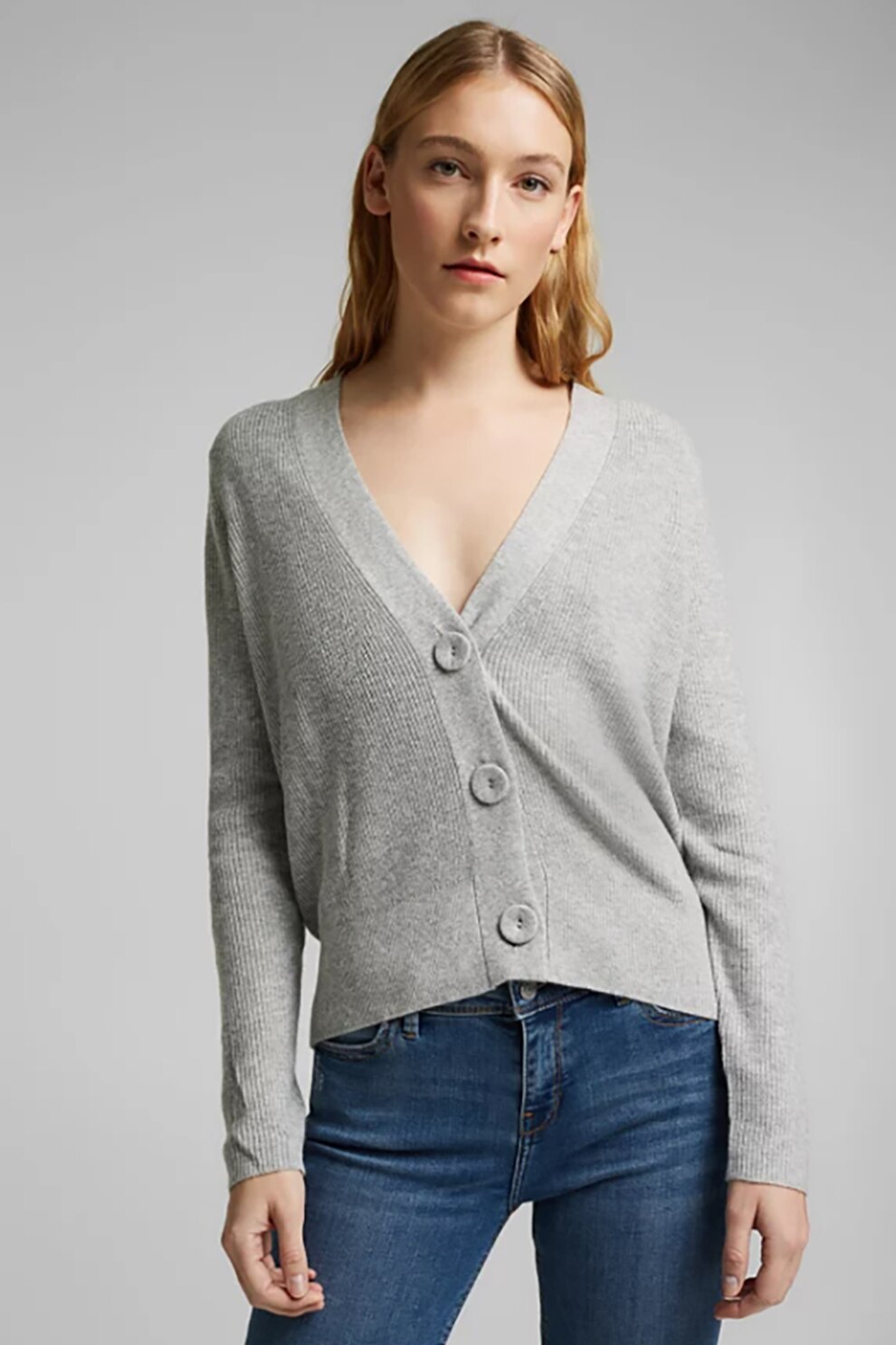 Esprit, Cardigan cu decolteu in V si aspect striat, Gri