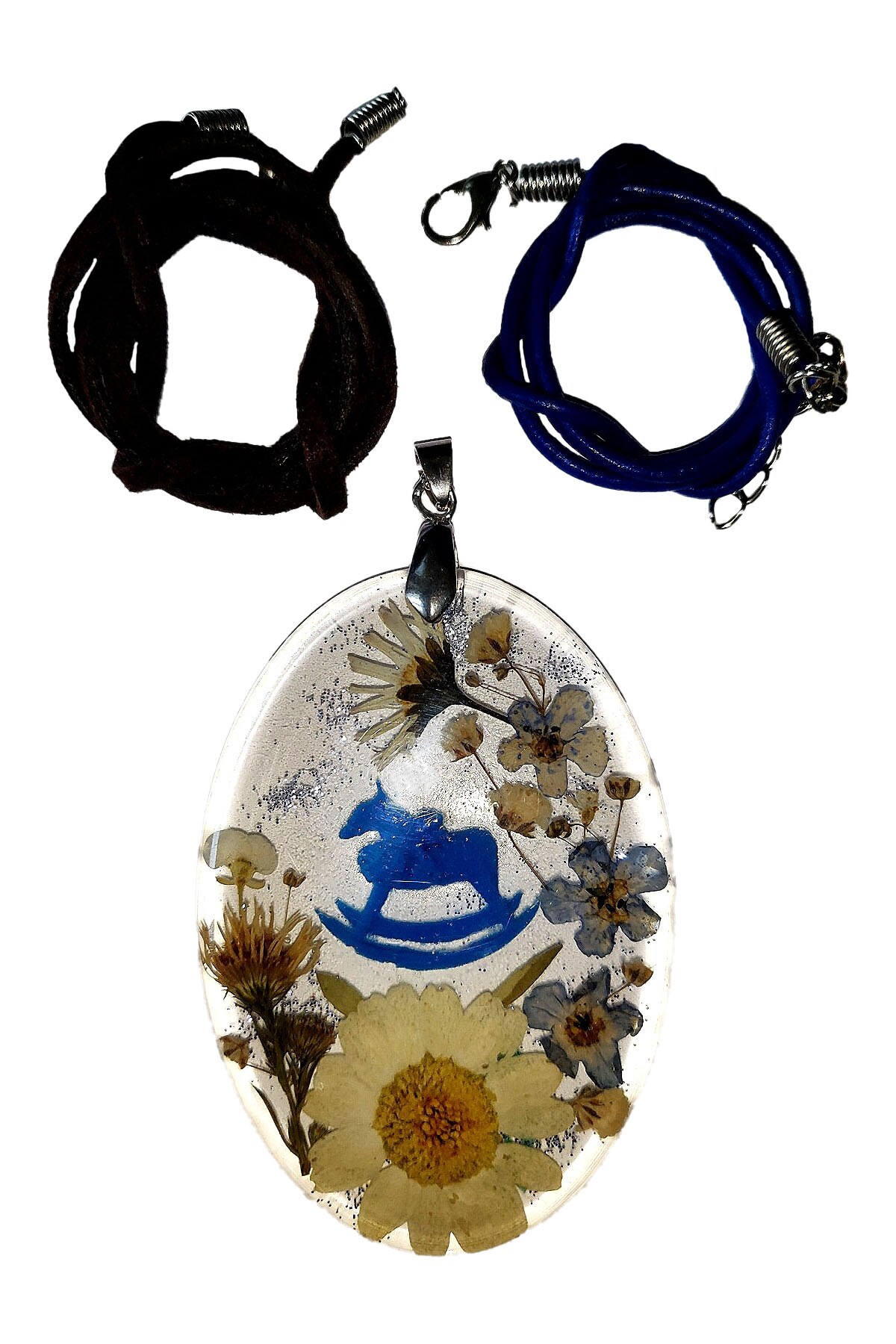 Colier mama si copilul, Delirium, flori naturale, albastru, maro, unicat