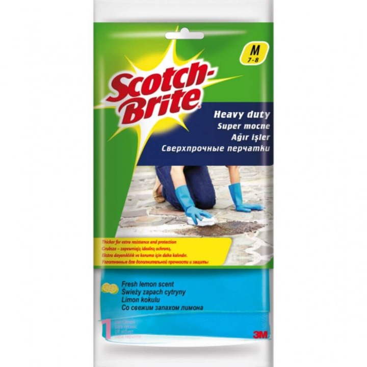 SCOTCH BRITE Latex háztartási kesztyűk, M-es méretű, szuper ellenálló, kék színű, tisztítószerek