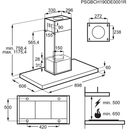 Hota decorativa AEG DIE5961HG, Putere de absorbtie 700 mc/h,1 motor, Conectivitate plita, Touch control, 90 cm, Inox/Negru
