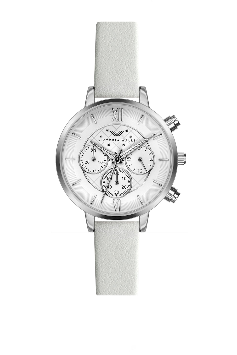 Victoria Walls, Ceas cronograf cu o curea din piele, Alb/Argintiu