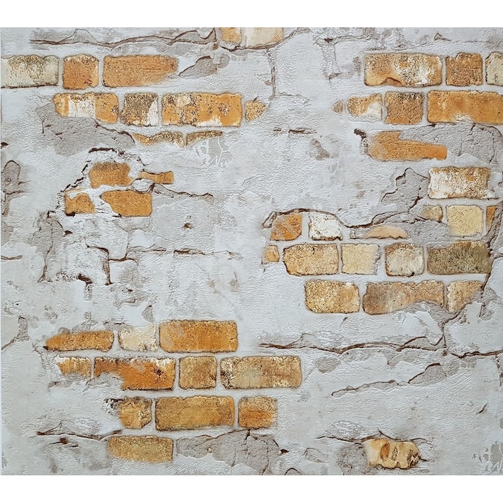 Tapet Slavyanski Oboi, Zid 5583-02, imitatie zid decor caramida, gri-bej, superlavabil, vinil, rezistent la apa, pentru bai si bucatarii