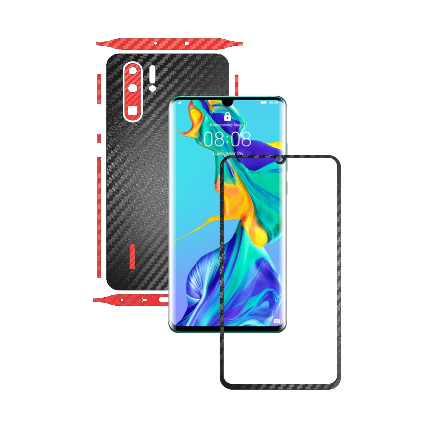 Folie Protectie Carbon Skinz pentru Huawei P30 Pro New Edition - Carbon Two Tone Negru / Rosu, Skin Adeziv Full Body Cover pentru Rama Ecran, Carcasa Spate si Laterale