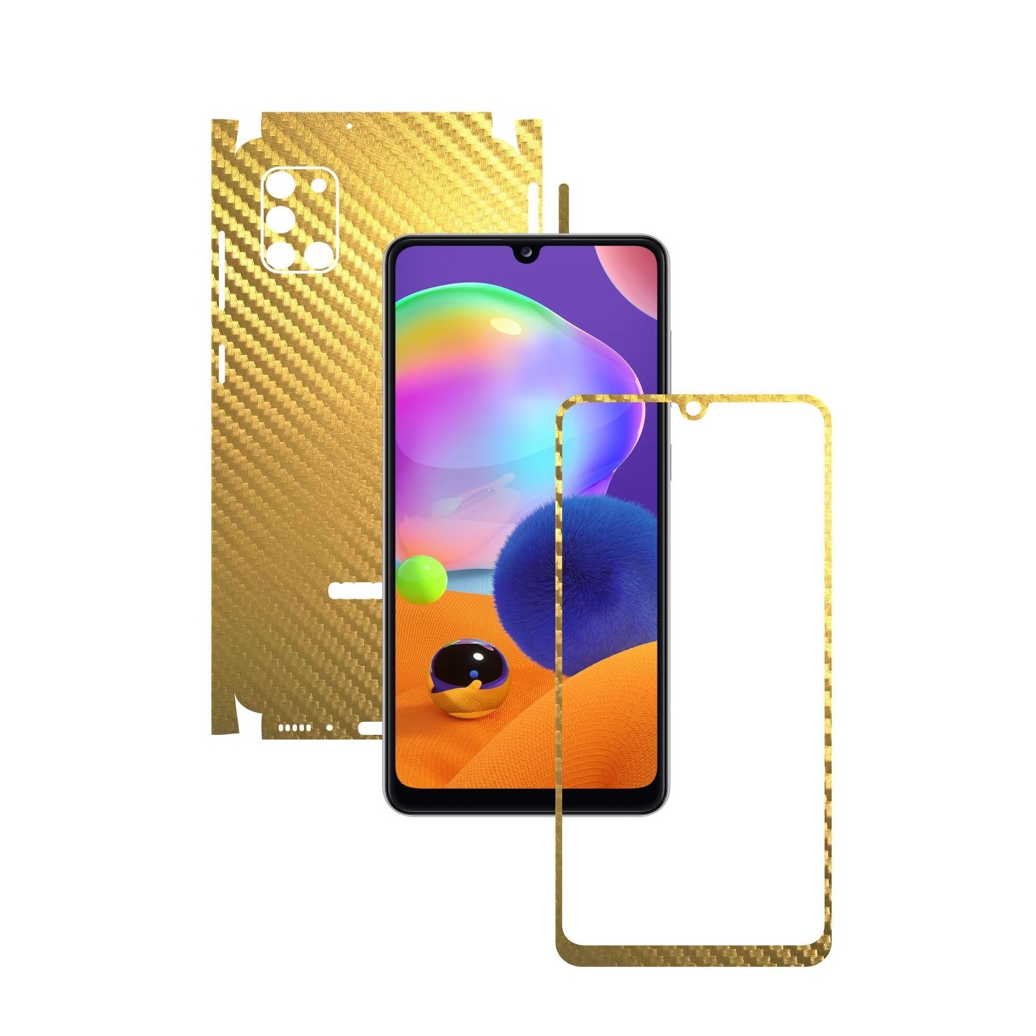 Folie Protectie Carbon Skinz pentru Samsung Galaxy A31 - Carbon Auriu 360 Cut, Skin Adeziv Full Body Cover pentru Rama Ecran, Carcasa Spate si Laterale