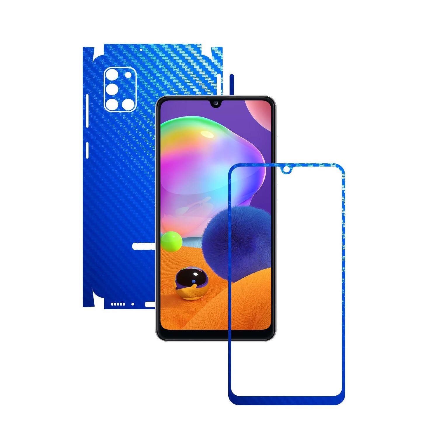 Folie Protectie Carbon Skinz pentru Samsung Galaxy A31 - Carbon Albastru 360 Cut, Skin Adeziv Full Body Cover pentru Rama Ecran, Carcasa Spate si Laterale