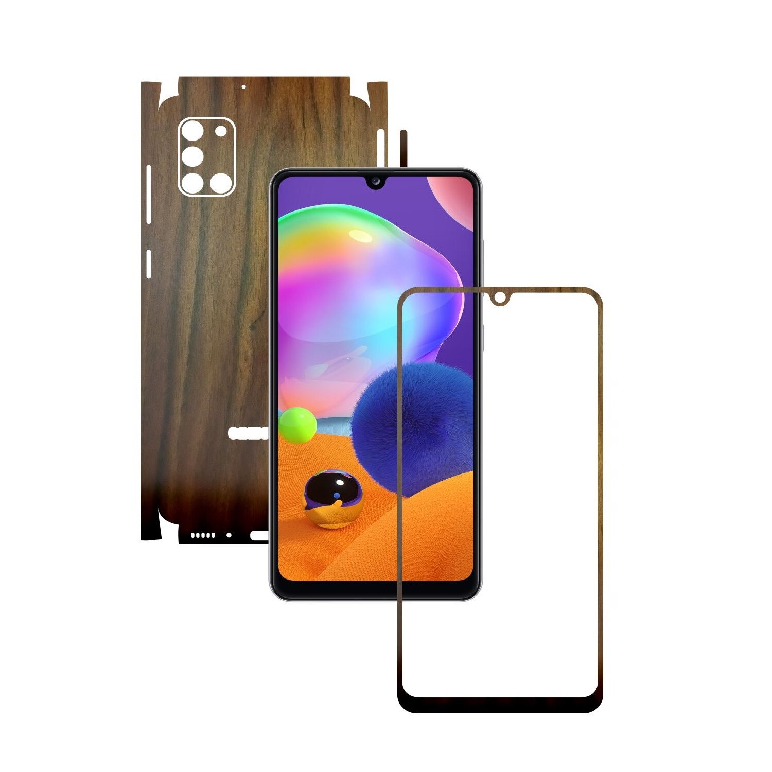 Folie Protectie Carbon Skinz pentru Samsung Galaxy A31 - Lemn Nuc 360 Cut, Skin Adeziv Full Body Cover pentru Rama Ecran, Carcasa Spate si Laterale