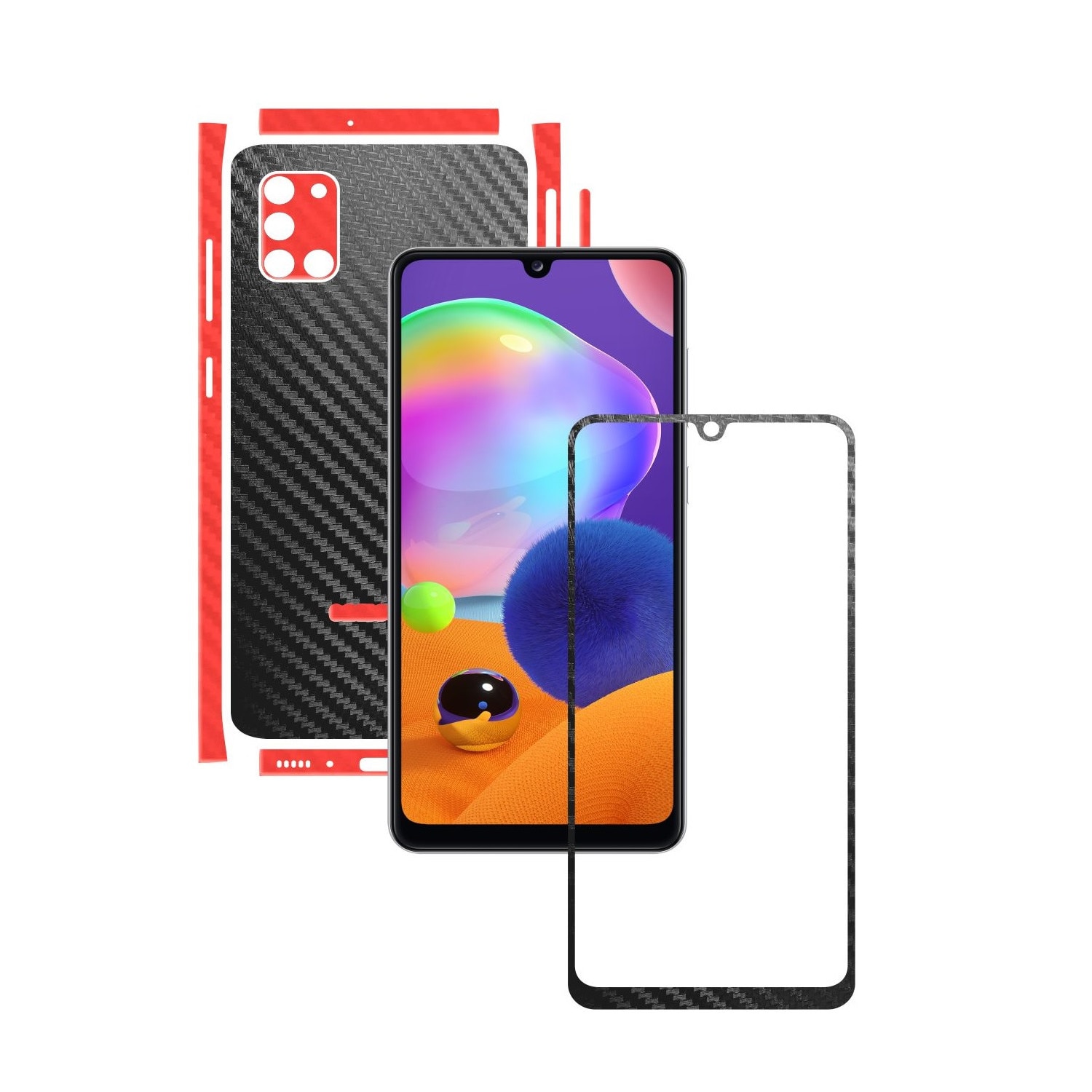 Folie Protectie Carbon Skinz pentru Samsung Galaxy A31 - Carbon Two Tone Negru / Rosu, Skin Adeziv Full Body Cover pentru Rama Ecran, Carcasa Spate si Laterale