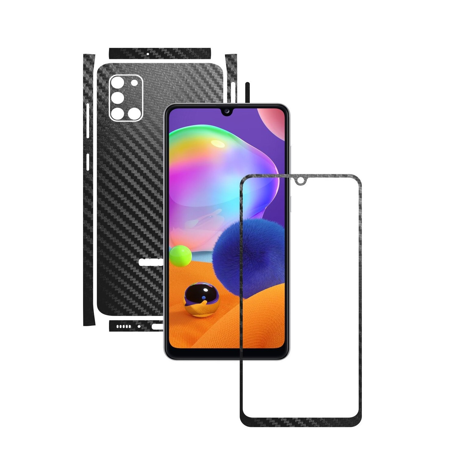 Folie Protectie Carbon Skinz pentru Samsung Galaxy A31 - Carbon Negru Split Cut, Skin Adeziv Full Body Cover pentru Rama Ecran, Carcasa Spate si Laterale