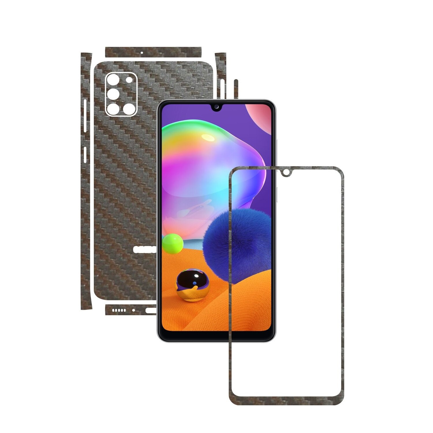 Folie Protectie Carbon Skinz pentru Samsung Galaxy A31 - Carbon Gri Argintiu Split Cut, Skin Adeziv Full Body Cover pentru Rama Ecran, Carcasa Spate si Laterale