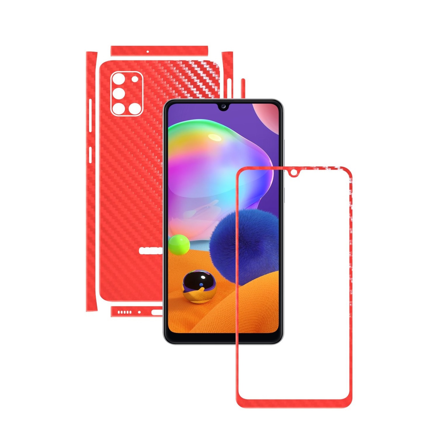 Folie Protectie Carbon Skinz pentru Samsung Galaxy A31 - Carbon Rosu Split Cut, Skin Adeziv Full Body Cover pentru Rama Ecran, Carcasa Spate si Laterale