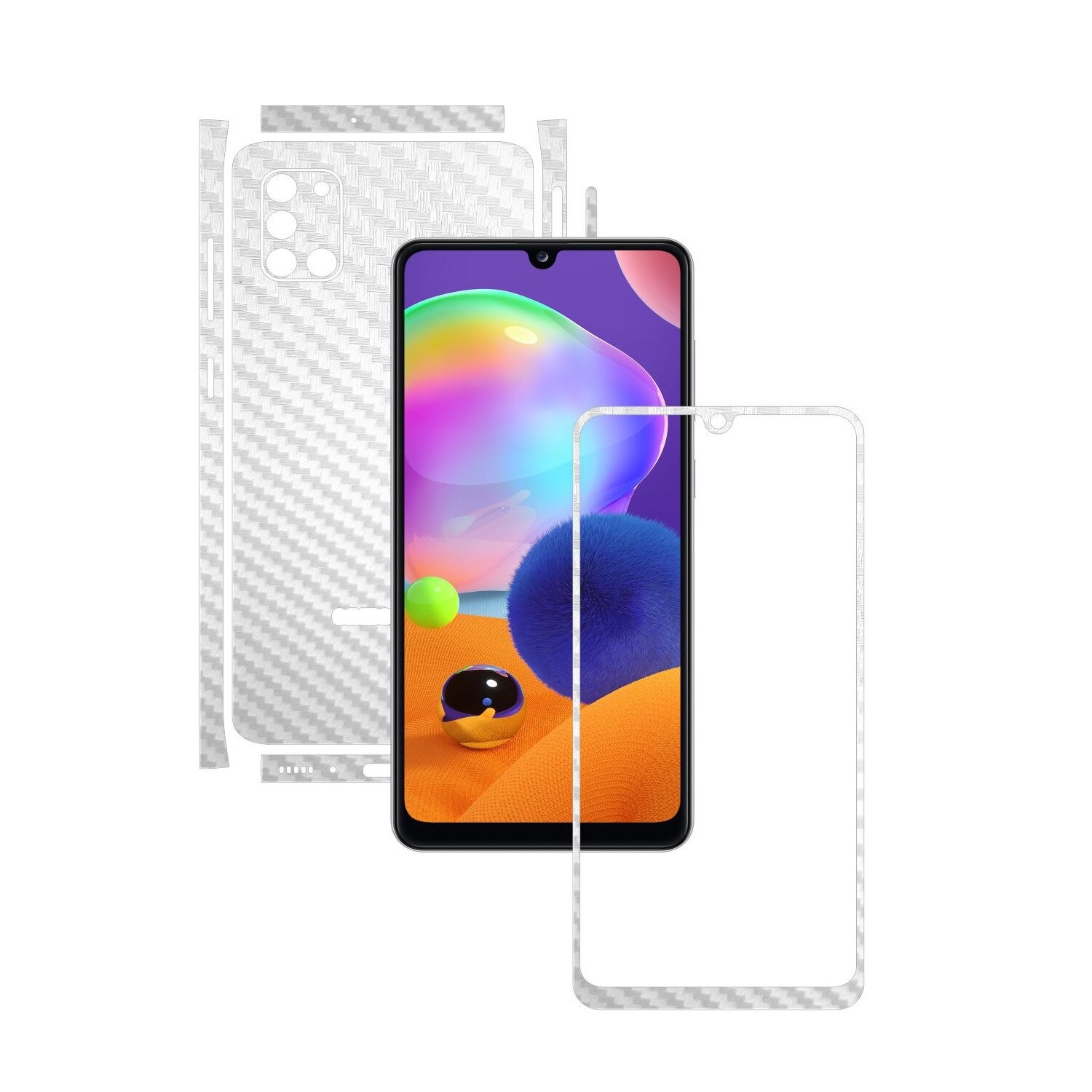 Folie Protectie Carbon Skinz pentru Samsung Galaxy A31 - Carbon Alb Split Cut, Skin Adeziv Full Body Cover pentru Rama Ecran, Carcasa Spate si Laterale