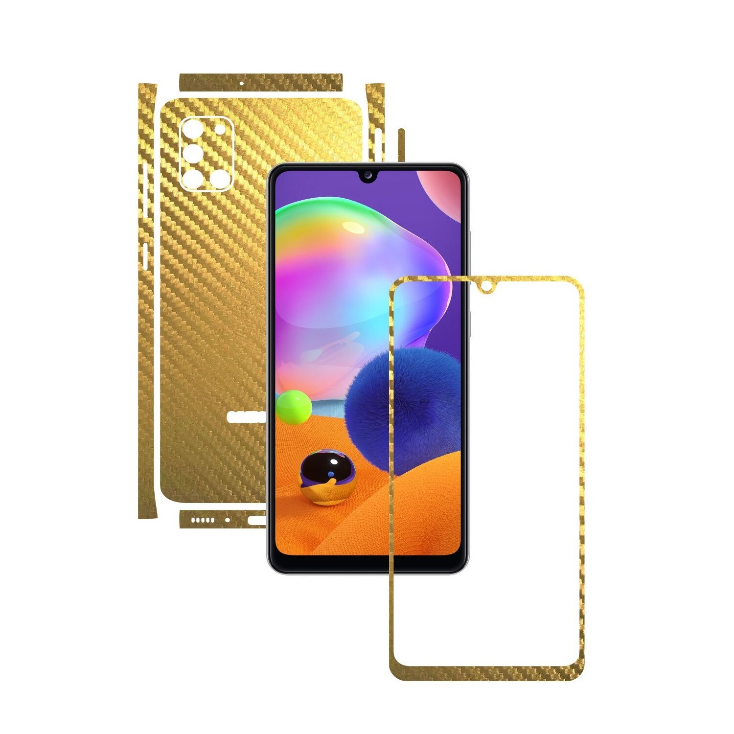 Folie Protectie Carbon Skinz pentru Samsung Galaxy A31 - Carbon Auriu Split Cut, Skin Adeziv Full Body Cover pentru Rama Ecran, Carcasa Spate si Laterale