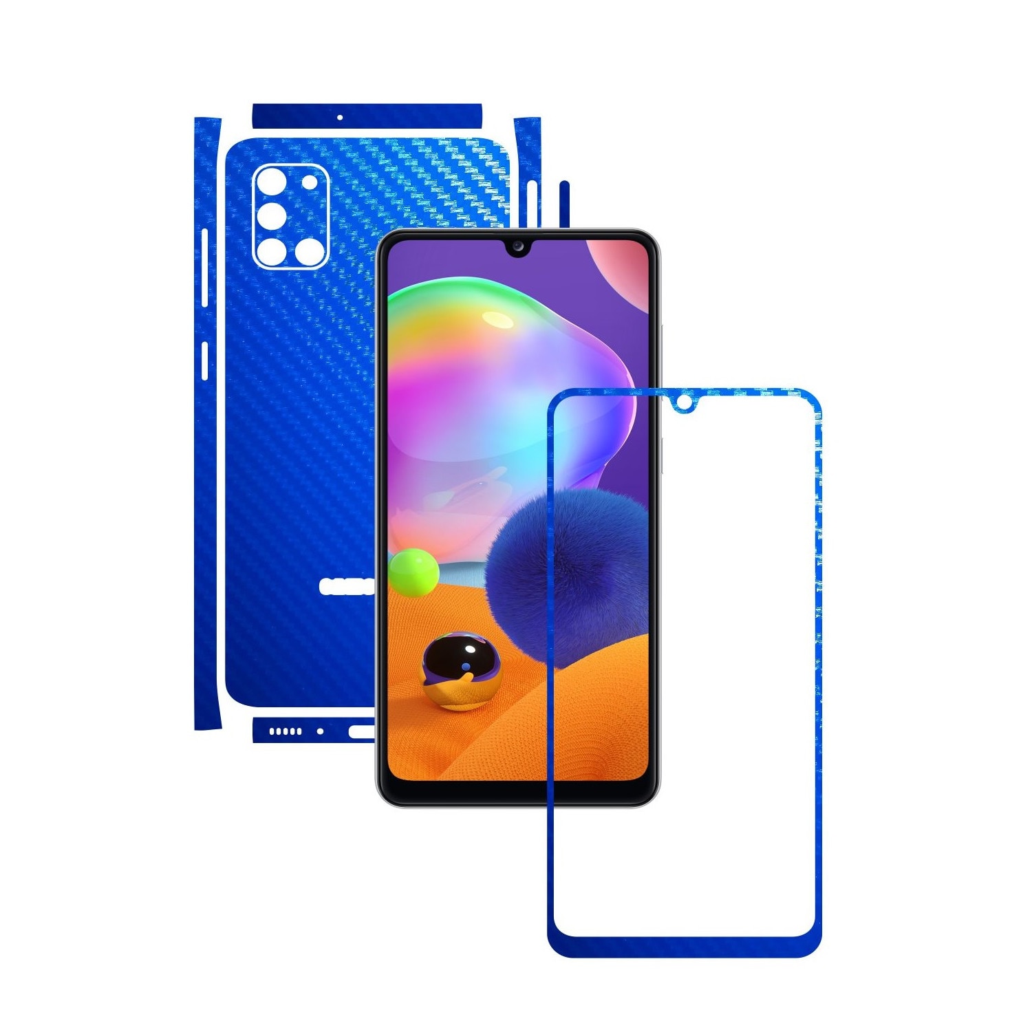 Folie Protectie Carbon Skinz pentru Samsung Galaxy A31 - Carbon Albastru Split Cut, Skin Adeziv Full Body Cover pentru Rama Ecran, Carcasa Spate si Laterale