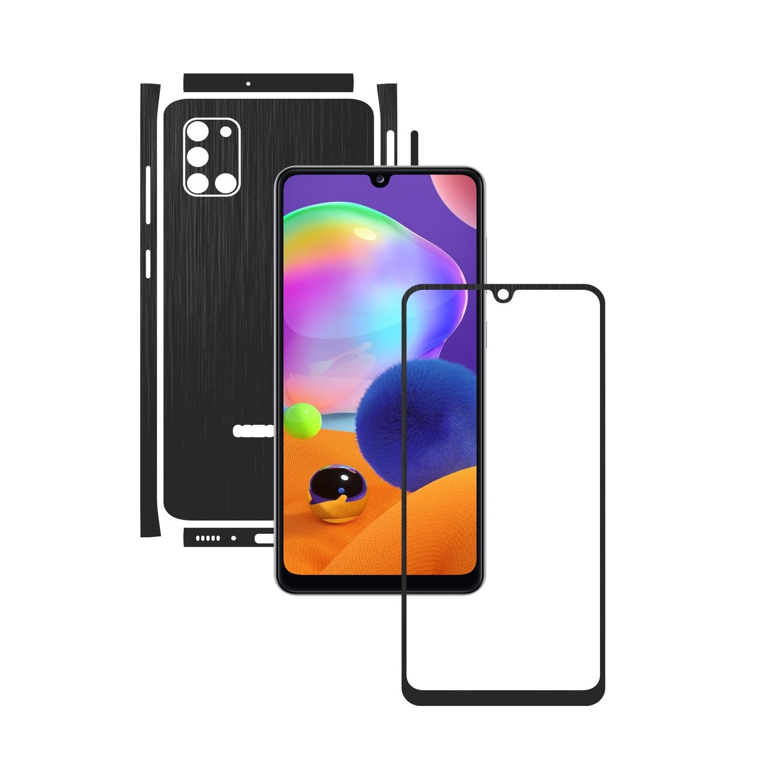 Folie Protectie Carbon Skinz pentru Samsung Galaxy A31 - Brushed Negru Split Cut, Skin Adeziv Full Body Cover pentru Rama Ecran, Carcasa Spate si Laterale