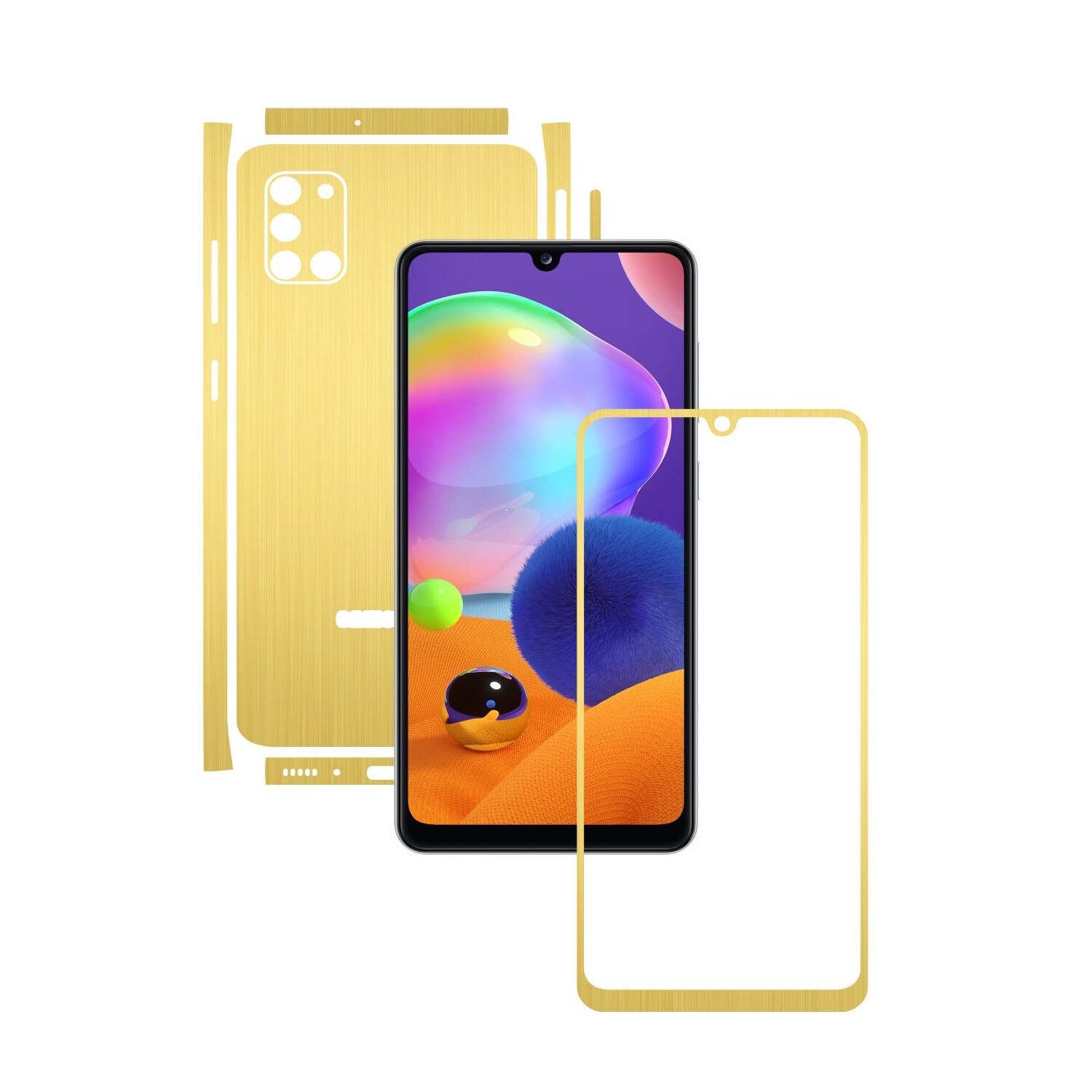 Folie Protectie Carbon Skinz pentru Samsung Galaxy A31 - Brushed Auriu Split Cut, Skin Adeziv Full Body Cover pentru Rama Ecran, Carcasa Spate si Laterale