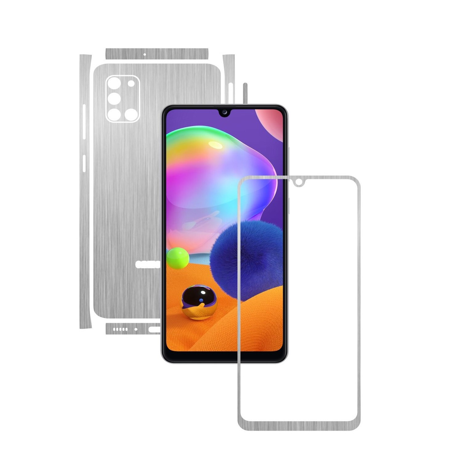 Folie Protectie Carbon Skinz pentru Samsung Galaxy A31 - Brushed Argintiu Split Cut, Skin Adeziv Full Body Cover pentru Rama Ecran, Carcasa Spate si Laterale