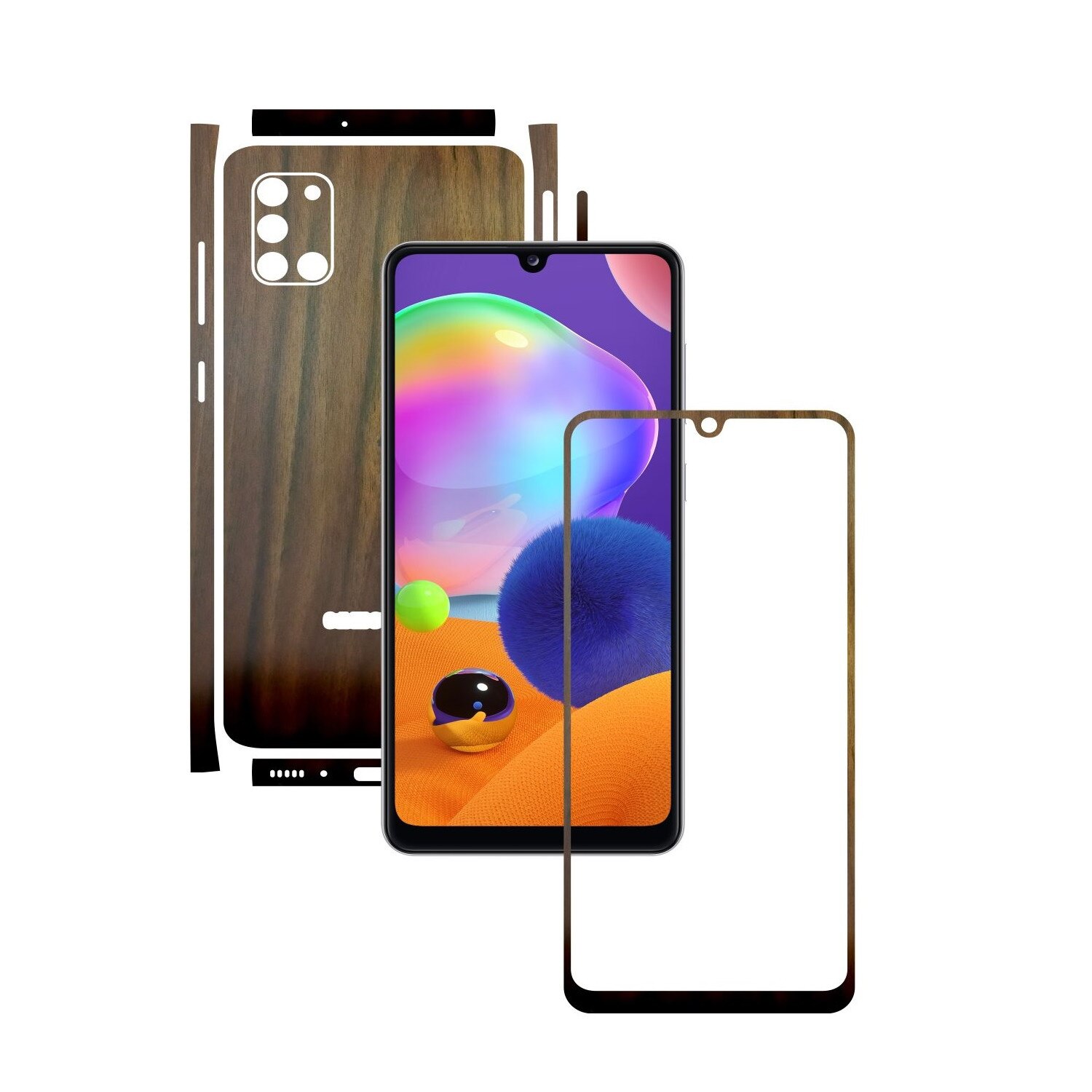 Folie Protectie Carbon Skinz pentru Samsung Galaxy A31 - Lemn Nuc Split Cut, Skin Adeziv Full Body Cover pentru Rama Ecran, Carcasa Spate si Laterale