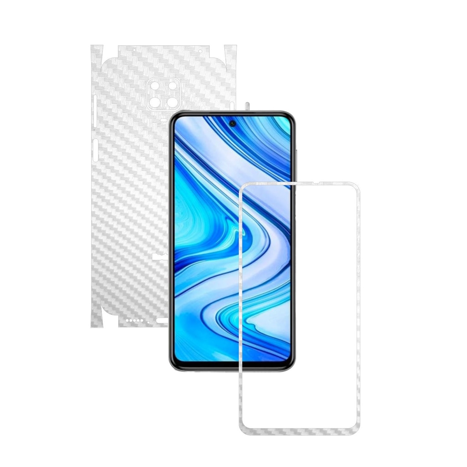 Folie Protectie Carbon Skinz pentru Xiaomi Redmi Note 9S - Carbon Alb 360 Cut, Skin Adeziv Full Body Cover pentru Rama Ecran, Carcasa Spate si Laterale