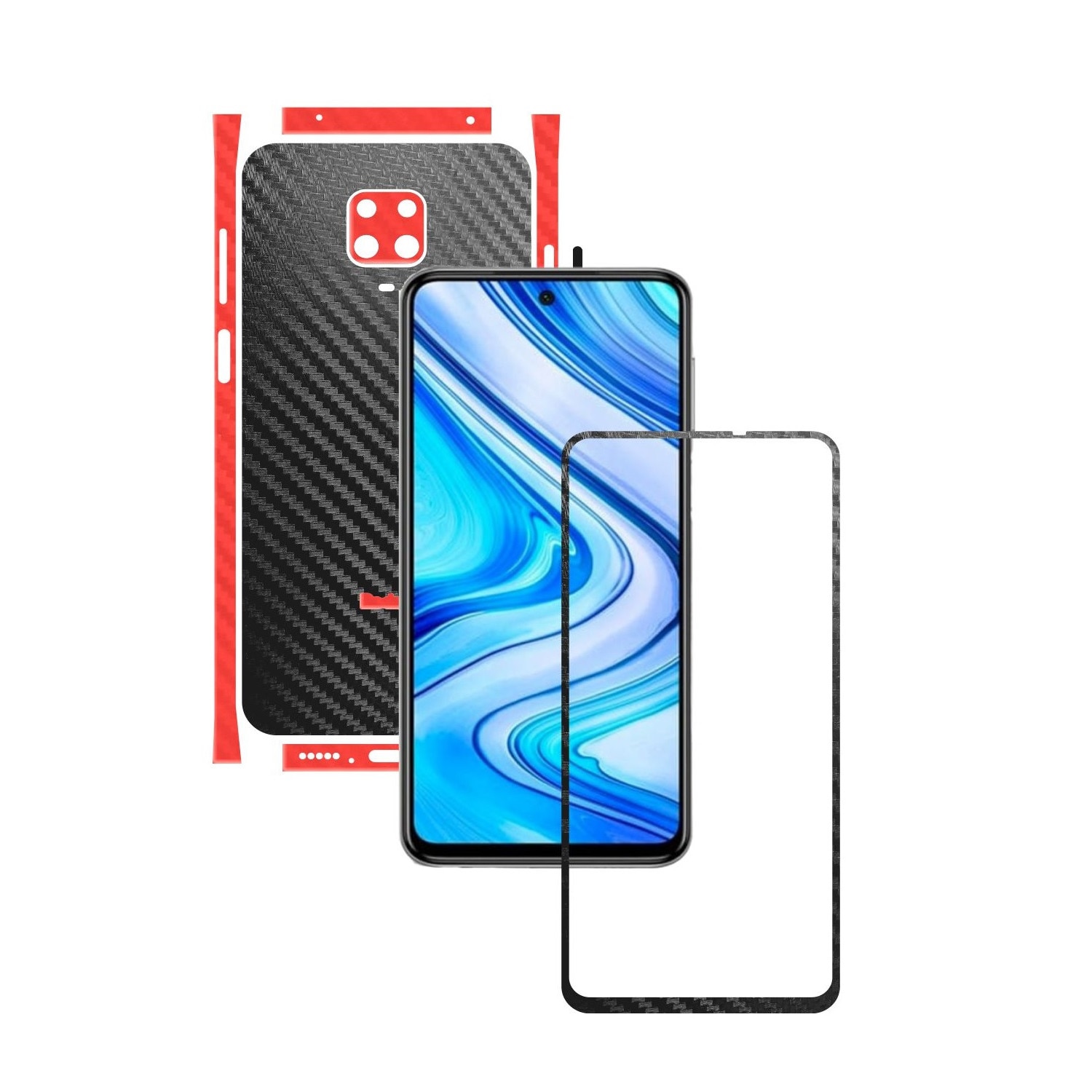 Folie Protectie Carbon Skinz pentru Xiaomi Redmi Note 9 Pro,(Max) - Carbon Two Tone Negru / Rosu, Skin Adeziv Full Body Cover pentru Rama Ecran, Carcasa Spate si Laterale