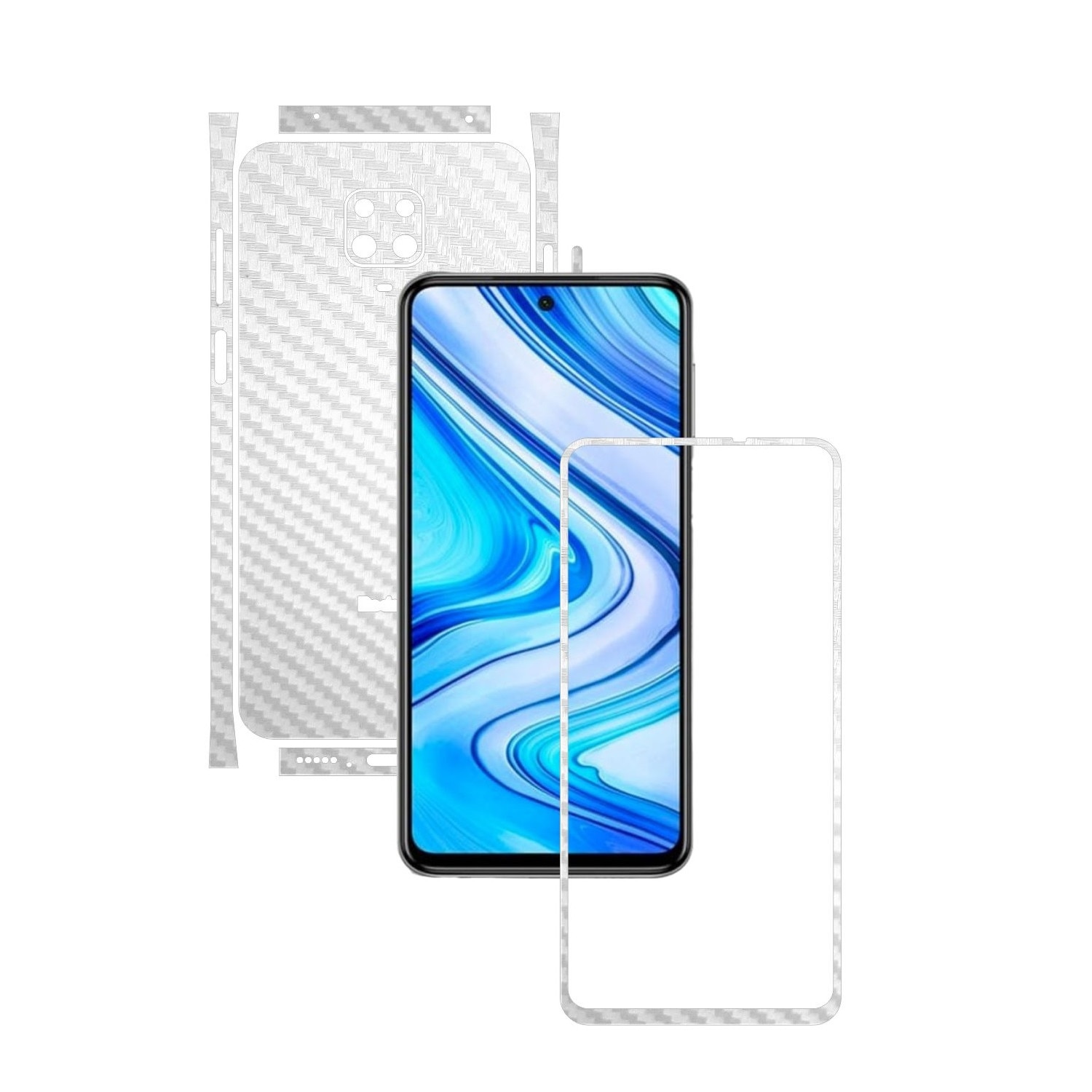Folie Protectie Carbon Skinz pentru Xiaomi Redmi Note 9S - Carbon Alb Split Cut, Skin Adeziv Full Body Cover pentru Rama Ecran, Carcasa Spate si Laterale