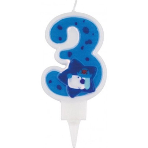 Lumanare pentru tort, cifra 3, albastru, cu steluta