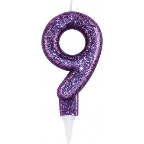Lumanare pentru tort, cifra 9, mov, cu sclipici