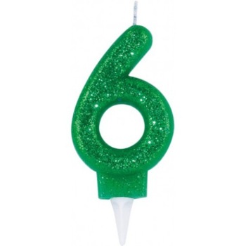 Lumanare pentru tort, cifra 6, verde, cu sclipici Lumanare pentru tort, cifra 6, verde, cu sclipici