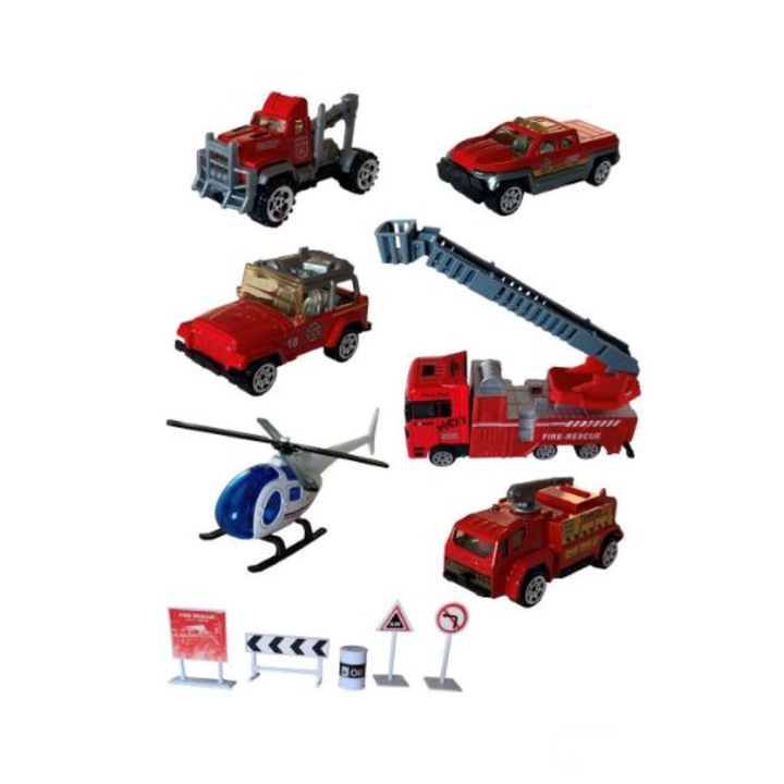 Set de joaca, Cali, cu masini de pompieri si semne de circulatie, multicolore