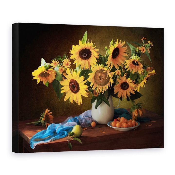 Tablou Canvas - Natura Moarta Cu Floarea-Soarelui si Prune Galbene, 90 x 120 cm