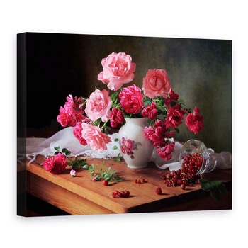 Tablou Canvas - Natura Moarta Cu Trandafiri si Fructe de la Padure, 50 x 70 cm Tablou Canvas - Natura Moarta Cu Trandafiri si Fructe de la Padure, 50 x 70 cm