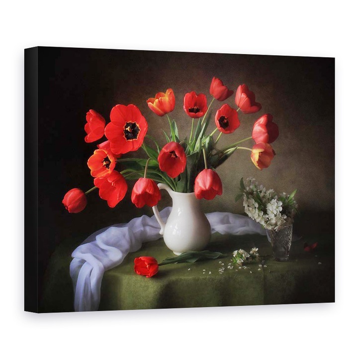 Tablou Canvas - Natura Moarta Colorata 2, Lalele, Vaza, Jar, 50 x 70 cm