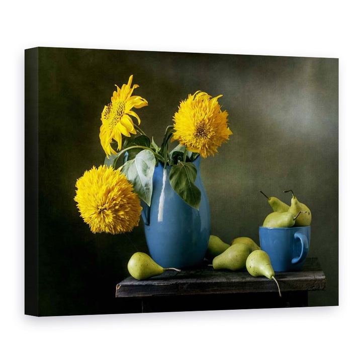 Tablou Canvas - Floarea-Soarelui, Pere, Vaza, Albastra, 90 x 120 cm