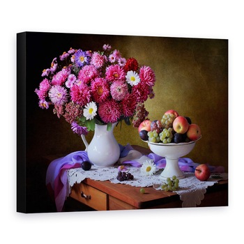 Tablou Canvas - Natura Moarta Cu Un Buchet De Asteri si Fructe, Bol De Fructe, Mar, 30 x 40 cm Tablou Canvas - Natura Moarta Cu Un Buchet De Asteri si Fructe, Bol De Fructe, Mar, 30 x 40 cm
