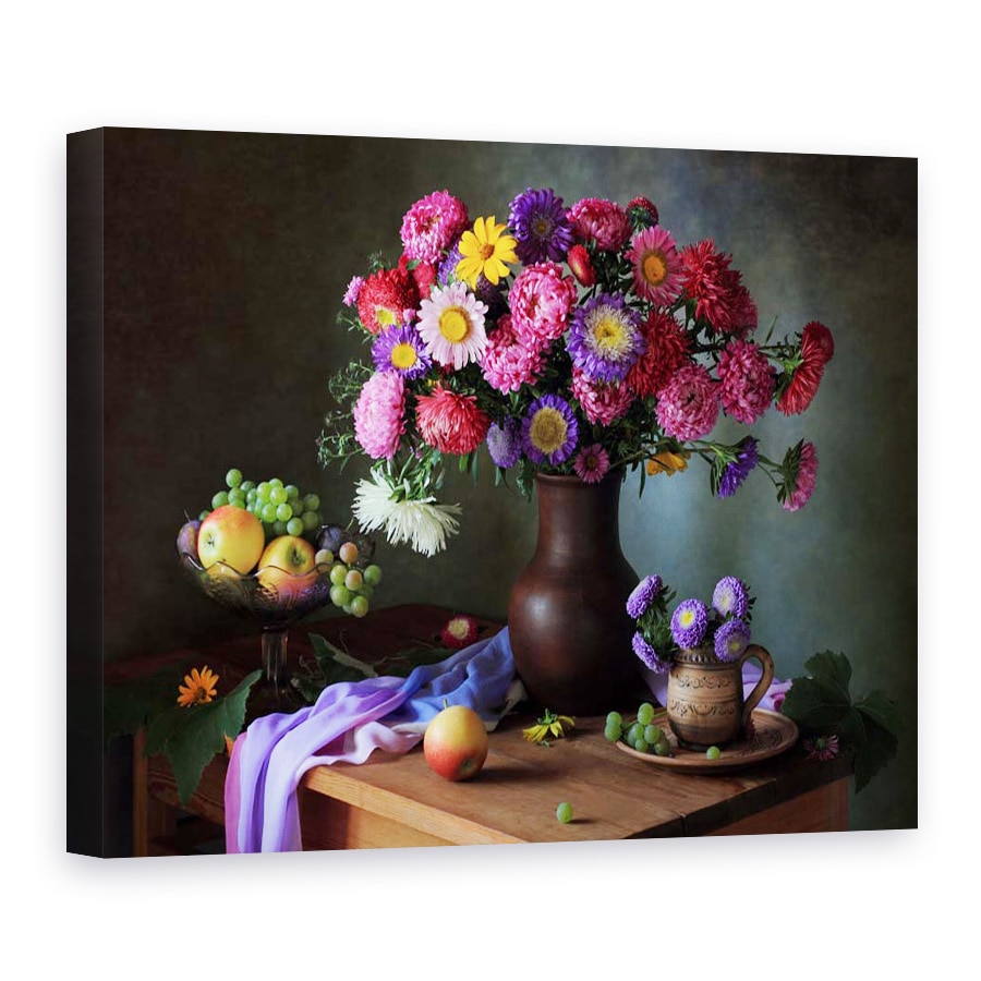 Tablou Canvas - Natura Moarta Cu Un Buchet De Asteri si Fructe, 50 x 70 cm