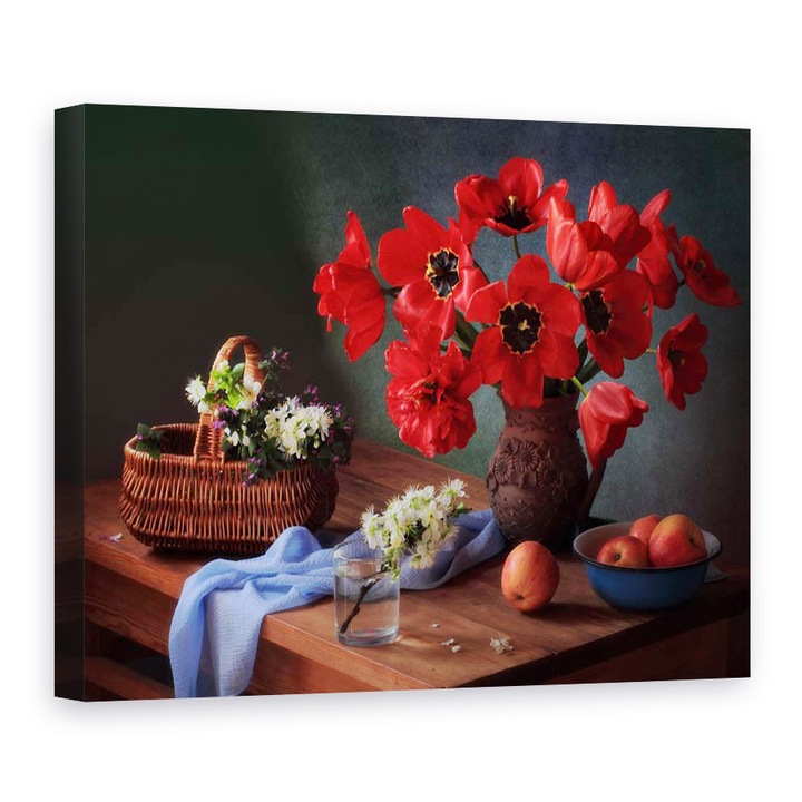 Tablou Canvas - Cu Un Buchet De Lalele Rosii, Mere, Flori, 90 x 120 cm
