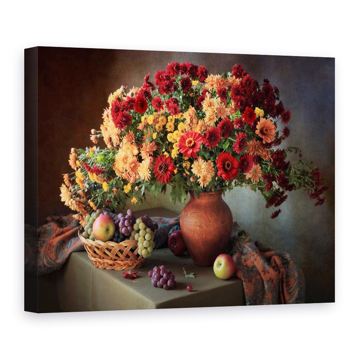 Tablou Canvas - Natura Moarta Cu Un Buchet De Crizanteme si Fructe, Flori, Vaza, Mar, 90 x 120 cm
