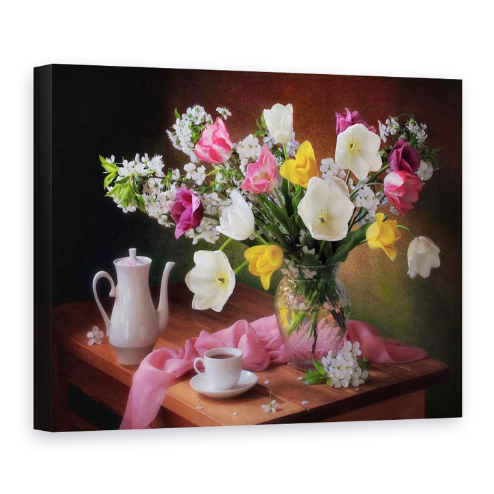 Tablou Canvas - Starea De Spirit De Primavara, Cafea, Buchet, Flori, Vaza, 90 x 120 cm